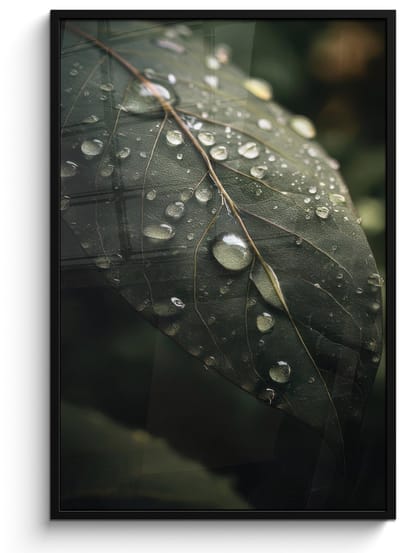 Poster in lijst - Fotolijst 80x120 cm - Posters - Blad - Groen - Nerven - Regendruppels - Posterlijst zwart - Decoratie - Wanddecoratie woonkamer - Muurdecoratie slaapkamer