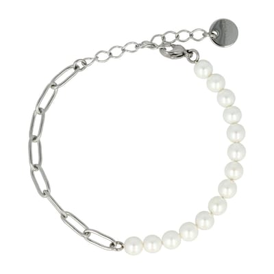 My Bendel - Combi Schakelarmband Zilverkleurig Witte Parel - Zilverkleurige Schakelarmband met Parelmoer Edelstenen - met Luxe Cadeauverpakking | Sieraden Voor Dames