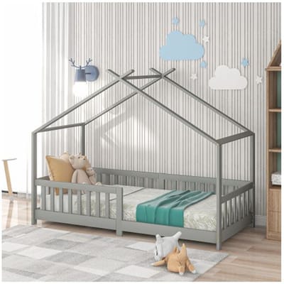Kinderbed - MUVOE - 200x90cm - Massief hout - Grijs - Veiligheidshek grijs