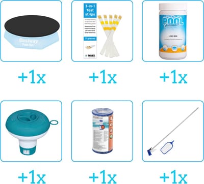 Accessoires voor Bestway Fast Set Opblaasbaar zwembad - 244x61 cm - Rond - Met filterpomp - Bestway - 57450 - Afdekzeil - Testrips - Chloor - Chloordrijver - Filter - Schoonmaakset