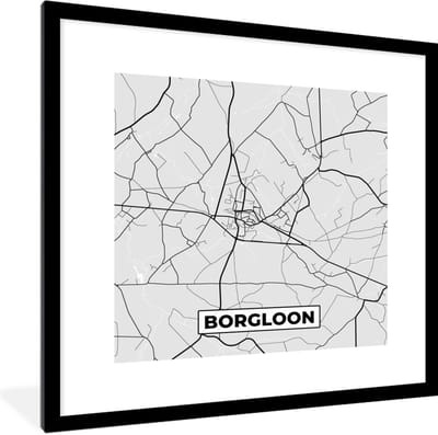 Fotolijst incl. Poster Zwart Wit- België – Borgloon – Stadskaart – Kaart – Zwart Wit – Plattegrond - 40x40 cm - Posterlijst