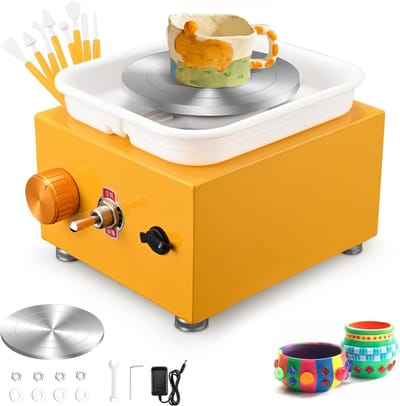 VHV - Pottenbakkersschijf - Elektrische pottenbakkersschijf - Pottenbakken set - Instelbare snelheid - 2000 RPM - Met boetseergereedschap - Voor beginners en volwassenen - Geel