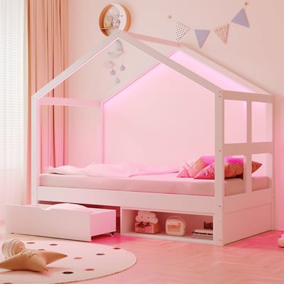 OKWISH Huisbed 90x190cm – Met Led Lichtstrip – Met Opberglade En Schoenenkastje – Met Lattenbodem – Hout – Wit – Zonder Matras