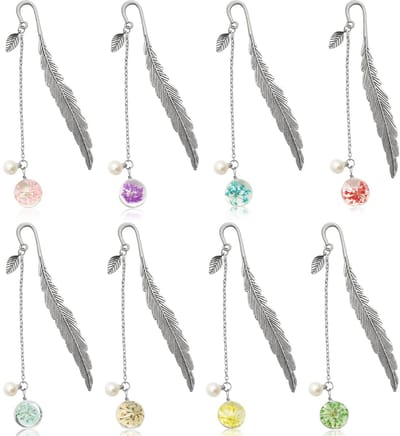 Unyqoos® Set van 8 Metalen Boekenleggers met Gedroogde Bloemen en Parel Hanger