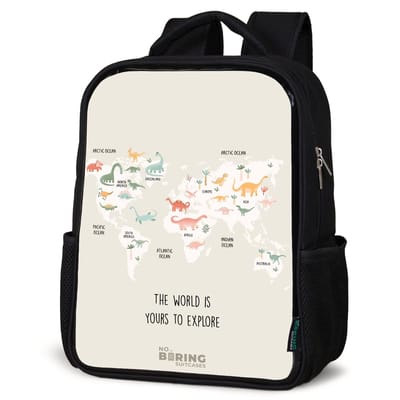 NoBoringSuitcases.com® - Rugzak zwart - Schooltas jongen & meisje - Dino wereldkaart - Rugtas voor school - Boekentas kind - Schoolrugzak - Kinderrugzak