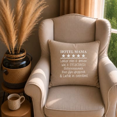 Kussen Kussenhoes met tekst bedrukt cadeau tekstbord plekje | hotel mama | beige met wit | 50x50 cm | moederdag verjaardag oma vrouw woonkamer luxe zacht voor de liefste aanstaande geboorte baby zwangerschap aankondiging bekendmaking moeder ouders