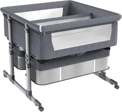 Verstelbare Baby Wieg naast Bed, Draagbare Wieg met Opbergmand, 6 Hoogtes Instelbaar