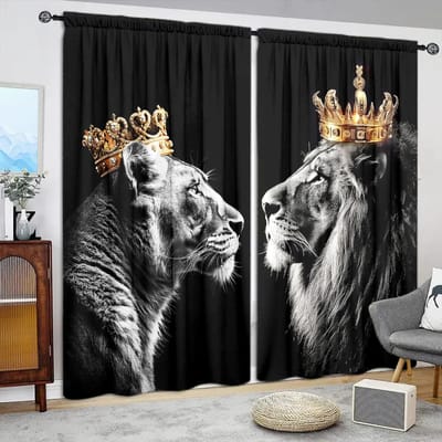 2 stuks Gordijn met Kroon Leeuw Print voor Huisdecoratie - Tunnel voor Roede Raambekleding voor Slaapkamer, Kantoor, Keuken, Woonkamer en Studiekamer 52.5cmX116cm X 2pcs gray