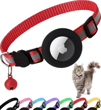 Kattenhalsband Airtag, Reflecterende Halsband voor Katten met Veiligheidssluiting, Air Tag-Beschermhoes en Belletje, Geschikt voor Katten Van Alle Groottes, 1 CM Breed en Lichtgewicht(Rood)