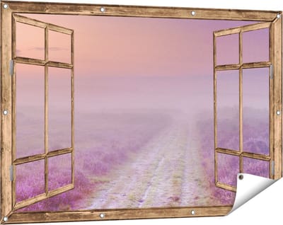 Gards Tuinposter Doorkijk Pad in de Weide tijdens de Mist - 120x80 cm - Tuindoek - Tuindecoratie - Wanddecoratie buiten - Tuinschilderij