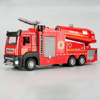 1:32 Camion de Pompier à Jet d'Eau Brumeux Modèle Balayeuse Voiture Jouet Son Lumière Rappel Portes Ouvertes Véhicules Collection Cadeaux Enfants