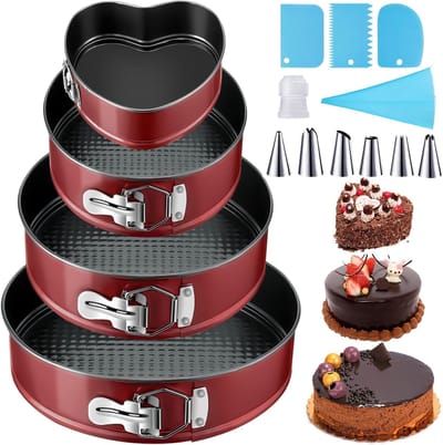 Springvorm cakevorm 12/18/22/26 cm rond, taartvormset rood, bakvorm met anti-aanbaklaag, lekvrije cakevorm ronde bakvorm van staal met spuitmonden, muffinvorm siliconen