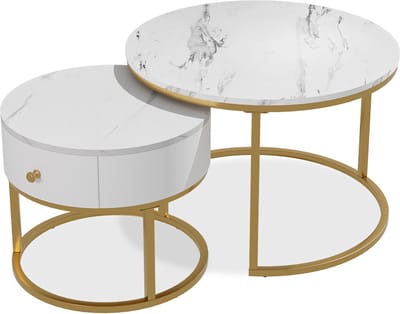 Vicco Madrid Salontafel set – 70 x 70 cm kleine tafel met lade Wit marmer