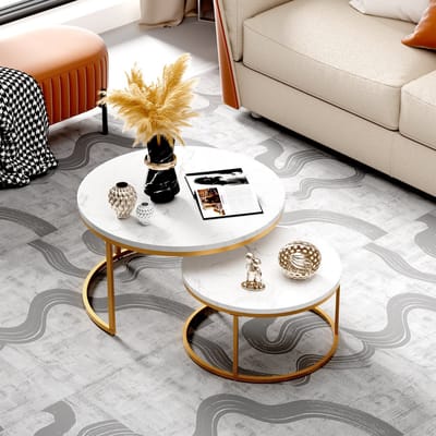 STILVORA Salontafel Set van 2 – Rond & Stapelbaar – Metaal Frame – MDF Bovenblad – Verstelbare Voeten – 70×70×45 cm & 45×45×37 cm – Goud – Moderne Luxe Look