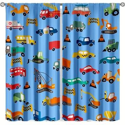 2 Stuks Jongens Bouwgordijnen Tractor Truck voor Slaapkamerdecoratie Bulldozer Graafmachine Kunst Bedrukt Speelkamer Woonkamer Raamgordijn 150x166cm blue