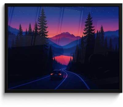 Poster in lijst - Fotolijst 80x60 cm - Posters - Auto - Donkere dennenbomen - Zonsondergang - Posterlijst zwart - Decoratie - Wanddecoratie woonkamer - Muurdecoratie slaapkamer