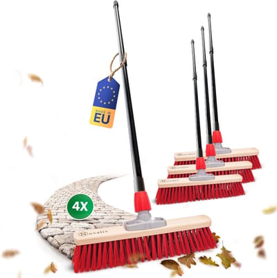 4x Straatbezems 40 cm I met steel I Elaston rood I Telescopische steel I Bezem voor buiten I Industriële bezem Tuinbezem Sneeuwbezem Universele bezem