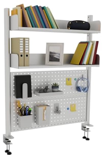 2-laags bureauplank met pegboard - wit 80 cm, bureauorganizer voor thuis en kantoor