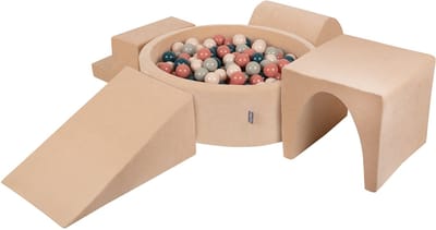 KiddyMoon Foam speeltuin VELVET PPZP-OK30V-125 met ballen zand beige: donker turquoise-pastel beige-groen-grijs-zalm 200 zwembad/club L/groef/tunnel/trap