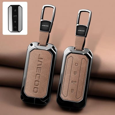 Metalen Lederen Auto Sleutelhoes Cover Voor Chery Jaecoo J5 5 Afstandsbediening Sleutelhoes Tas Sleutelhanger Auto Bescherming Accessoires brown