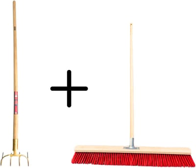 Synx Tools Mesthaak 4 Tanden + Nylon Stal Straatbezem 80 cm – Kunststof haren – Schrobborstels – Mestvork met steel 130 cm – Buitenbezem met steel 150 cm
