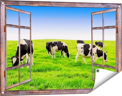 Gards Tuinposter Doorkijk Kudde Koeien in de Wei - Hemel Blauwe Lucht - 90x60 cm - Tuindoek - Tuindecoratie - Wanddecoratie buiten - Tuinschilderij