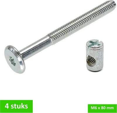 TQ4U verbindingsbout + dwarsmoer - M6 x 80 mm - Ikeabout - Verzinkt - Plaatdikte 16 mm - 4 stuks