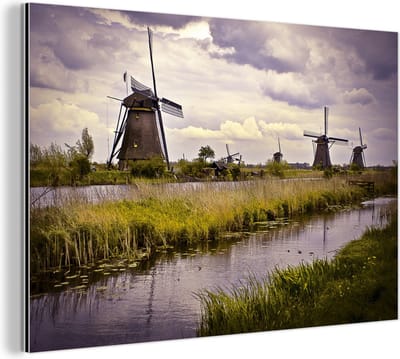 Aluminium schilderij 180x120 cm - Wanddecoratie metaal - Molen - Nederland - Water - Metalen muurdecoratie woonkamer - Decoratie industrieel - Foto op dibond - Industriële accessoires slaapkamer