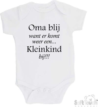 100% katoenen Romper "Oma blij want er komt weer een kleinkind bij!!!" Unisex Katoen Wit/zwart Maat 62/68