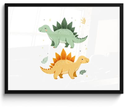 Poster in lijst - Fotolijst 80x60 cm - Posters - Sterren - Stegosaurussen - Blaadjes - Groen - Posterlijst zwart - Decoratie - Wanddecoratie woonkamer - Muurdecoratie slaapkamer