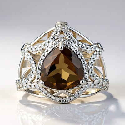 Cavill - Zilveren Ring met 5,96 ct Triljant Rookkwarts & 99 Witte Topaas Pavé - 925 Sterling Zilver - Elegant Filigraan - Maat 17