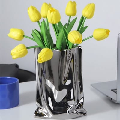 Keramische Bloemvaas - Moderne Minimalistische Abstracte - voor Woondecoratie en als Tafel Middenstuk - Zilver - Groot