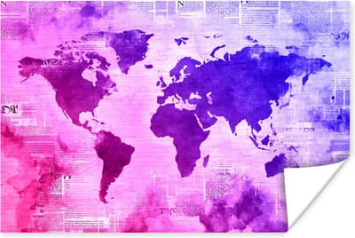 Poster 30x20 cm - Wereldkaart - Roze - Blauw - Posters - Kamer decoratie - Wanddecoratie woonkamer - Muurdecoratie slaapkamer