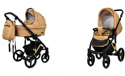 BabyLux® Kinderwagen 2in1 –UZO - SAND PEARL GOLD FRAME - Opklapbare Wandelwagen incl. Reiswieg, Multifunctionele Buggy Sportstoel - Combi-kinderwagen met Luiertas, Regenhoes, Klamboe, Bekerhouder, etc.