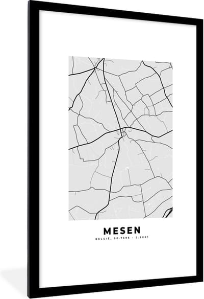 Fotolijst incl. Poster Zwart Wit- België – Mesen – Stadskaart – Kaart – Zwart Wit – Plattegrond - 80x120 cm - Posterlijst