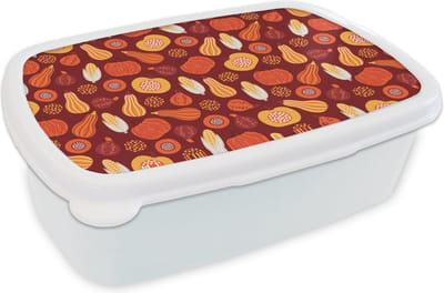 Broodtrommel Wit - Lunchbox - Brooddoos - Pompoen - Maïs - Herfst - Patronen - 18x12x6 cm - Volwassenen