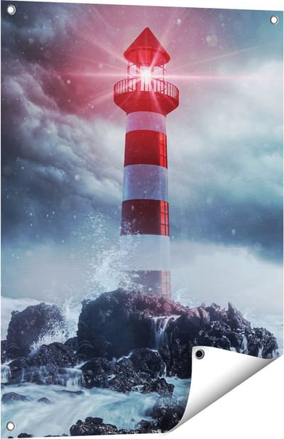 Gards Tuinposter Vuurtoren tijdens een Storm - 60x80 cm - Tuindoek - Tuindecoratie - Wanddecoratie buiten - Tuinschilderij