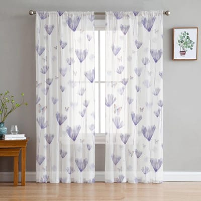 Bloem Blad Vlinder Slaapkamer Transparante Dunne Gordijnen Vakantiedecoratie Raam Voile Tule Gordijn 135W x 114H(cm) white