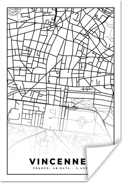 Poster Plattegrond – Kaart – Frankrijk – Vincennes - Stadskaart - Zwart wit - 120x180 cm XXL