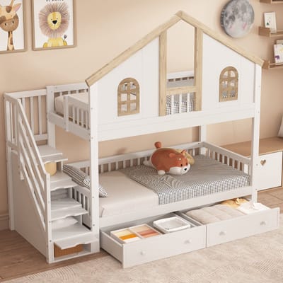 DESMIU Stapelbed 90x200 cm – Kinderbed Met Raam En Veilige Valbescherming – Met Opbergtrap En 2 Laden – Zonder matras – Massief Hout En MDF – Wit Natuur
