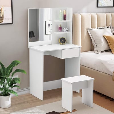 Moderne make-uptafel met spiegel en kruk - Witte cosmeticatafel met lade