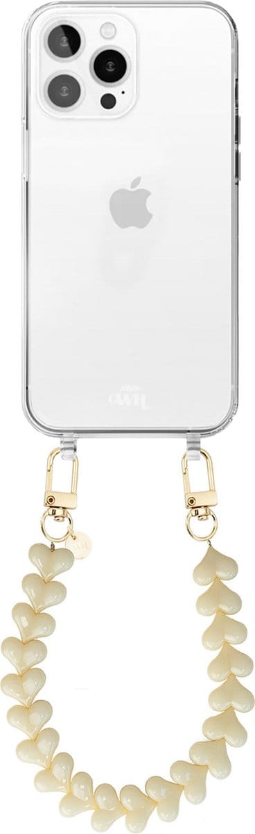 xoxo Wildhearts siliconen hoesje - Geschikt voor iPhone 16 Pro Max hoesje - Funky Hearts - Telefoonhoesje - Hoesje met koord - Creme / Beige koord - kort telefoonkoord - Hartjes ketting - Transparant hoesje
