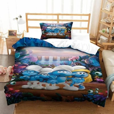 Housse de couette Schtroumpfs Motif Animé Mignon Impression 3D Ensemble de literie Elfes Bleus Pour Adolescents Adultes Avec Fermeture Éclair Décoration de Chambre AU Single(140*210cm)3pcs