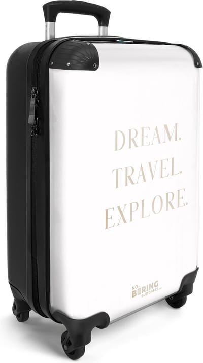 NoBoringSuitcases.com® - Handbagage koffer lichtgewicht - Reiskoffer trolley - Wit met de quote 'Dream travel explore' - Rolkoffer met wieltjes - Travel suitcase cabin - Reistrolley met TSA slot - Past binnen 55x40x20 en 55x35x25 - Kleine valiezen