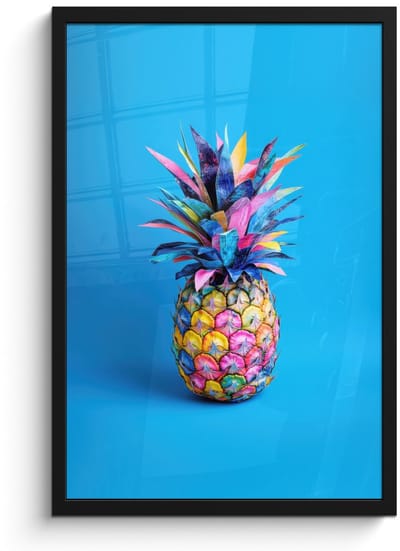 Poster in lijst - Fotolijst 40x60 cm - Posters - Ananas - Blauw - Tropisch - Vrolijk - Posterlijst zwart - Decoratie - Wanddecoratie woonkamer - Muurdecoratie slaapkamer