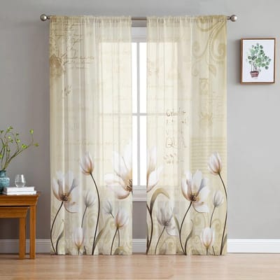 Bloem Retro Tulp Plant Pastorale Stijl Slaapkamer Transparante Vitrages Vakantie Decoratie Raam Voile Tule Gordijn 135W x 114H(cm) white