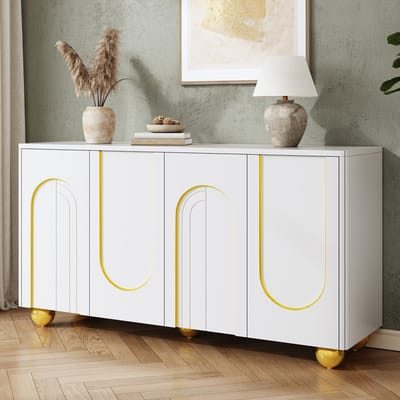 Sweiko Dressoir - 4 deuren opbergkast - Gebogen versiering met gouden lijnen - Bolvormige metalen pootjes - Wit