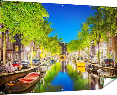 Gards Tuinposter Amsterdamse Gracht in de Nacht - 180x120 cm - Tuindoek - Tuindecoratie - Wanddecoratie buiten - Tuinschilderij
