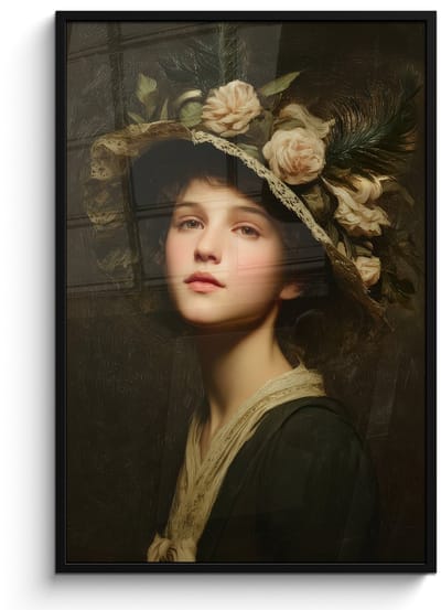 Poster in lijst - Fotolijst 80x120 cm - Posters - Bloemenhoed - Portret - Vrouw - Posterlijst zwart - Decoratie - Wanddecoratie woonkamer - Muurdecoratie slaapkamer
