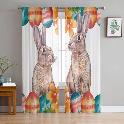 Paashaas Ei Bloem Tule Gordijnen Voor Woonkamer Huisdecoratie Raamgordijn Keuken Transparant Voile Gordijn 135W x 114H(cm) white